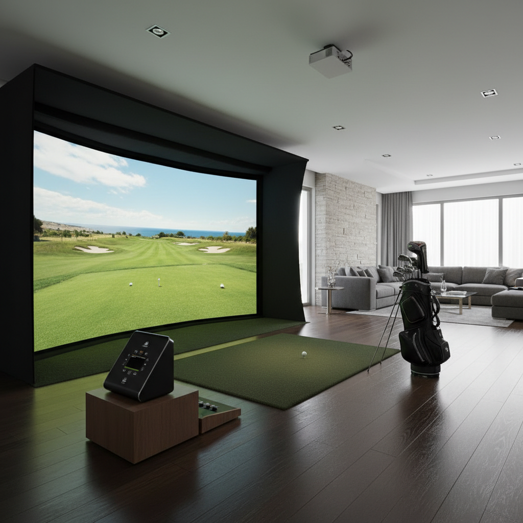 Premium golf simulator system with projection screen and launch monitor