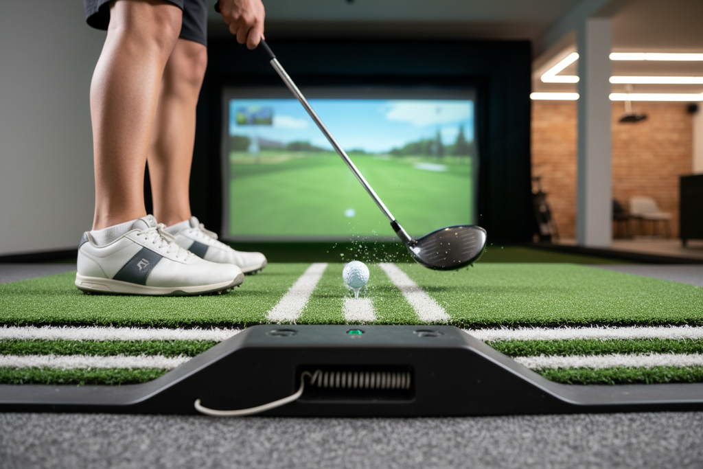 Golf mat in use during swing