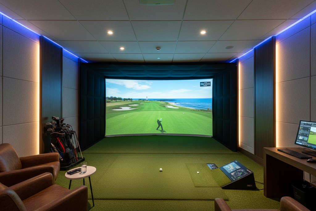 Golf simulator projection screen with course display